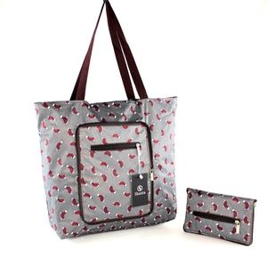 Gray With Red Portable Foldable Zippered Tote Bag Lightweight For Everyday Use